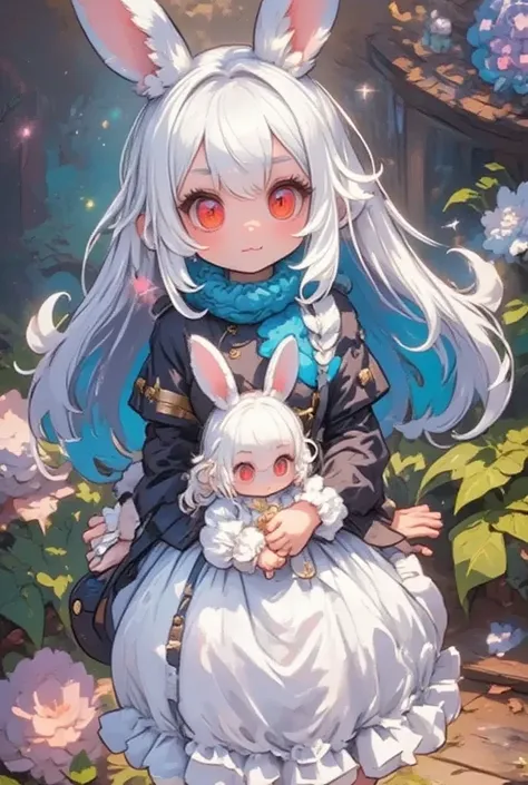 Three Girls:2.0,(Chibi,cute, smaller,Blue Hair, very long hair,bangs,(Fluffy white rabbit),Bunny ears,Red eyes,Big Eyes, Beautiful Sparkling Eyes , white skin,Big hair ribbon,Blue Princess Dress,wired skirt,Chest,Full body image),Fairy tale background,Smil...