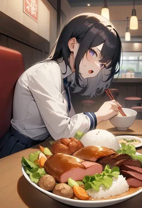 1 girl,  medium chest , school uniform,
i&#39;m sure,food, alone, bowl, holding chopsticks, rice, table, meat, dish, indoor,  si...