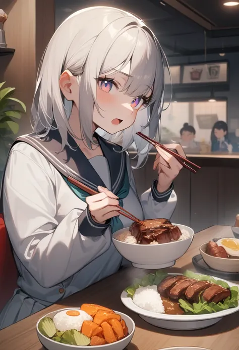 1 girl,  medium chest , school uniform,
i&#39;m sure,food, alone, bowl, holding chopsticks, rice, table, meat, dish, indoor,  si...