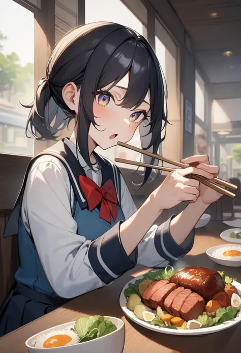 1 girl,  medium chest , school uniform,
i&#39;m sure,food, alone, bowl, holding chopsticks, rice, table, meat, dish, indoor,  si...