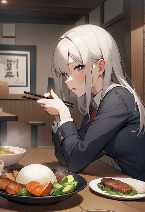 1 girl,  medium chest , school uniform,
i&#39;m sure,food, alone, bowl, holding chopsticks, rice, table, meat, dish, indoor,  si...