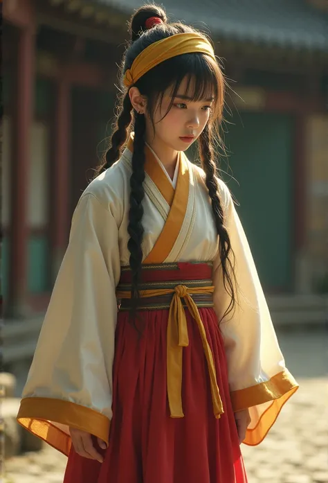 A young woman in the Three Kingdoms period wearing a yellow headband wearing a Hanseatic officials costume is standing on the ground with anguished thoughts