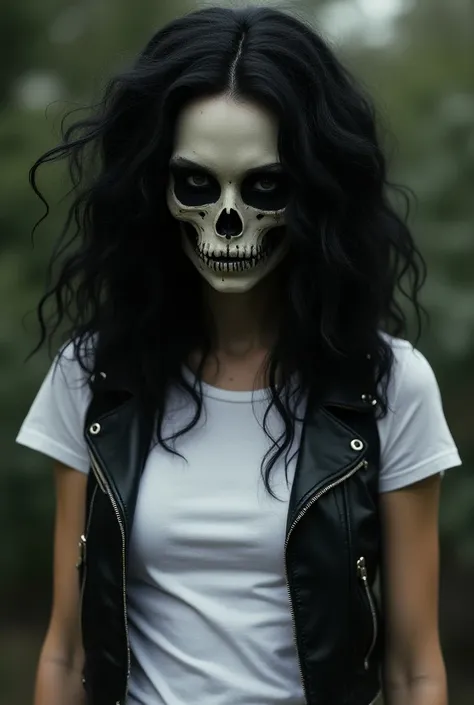  skull-faced woman with curly hair, wearing white t-shirt and black leather vest  