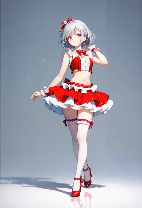 1girl, Alone,silver hair,bright red eyes, bob cut,idol uniform,frill thighhigh,red heels,stomach