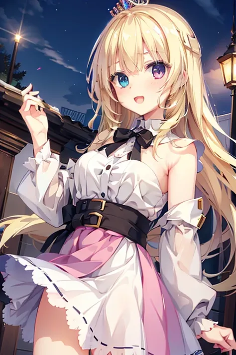  one girl playing pranks, open your mouth and laugh,Blonde,Princess Night, heterochromia ,  best image quality,Best Quality