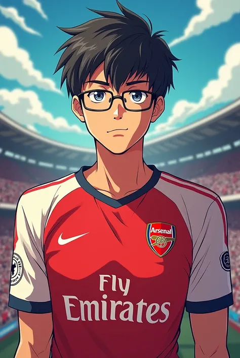 27 year old guy wearing glasses with short hair wearing arsenal jersey in anime style