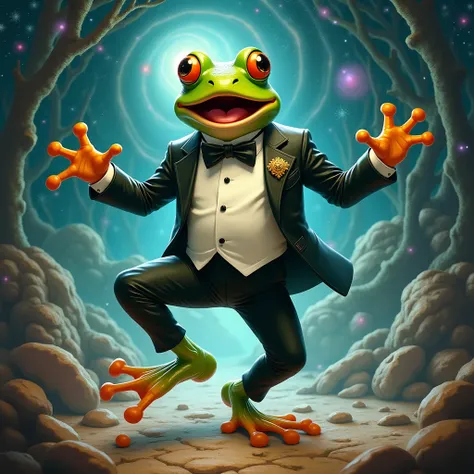  A big dancing frog on 2 legs, Who wears a tuxedo .(masterpiece, detailed details ,bright colors, highest image quality, beautiful,Strong Emotions, just, Fantasy elements , cosmic.