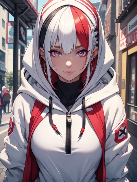 (white hooded sweatshirt:1.1),((masterpiece)), ((best quality)), (ultra-detailed), ((extremely detailed)), 4K, (8K), best quality, (beautiful), extremely detailed,young girl, Cool Girl,(1girl), solo,bob cut,side braid,(two-tone coloring:1.6),beautiful whit...