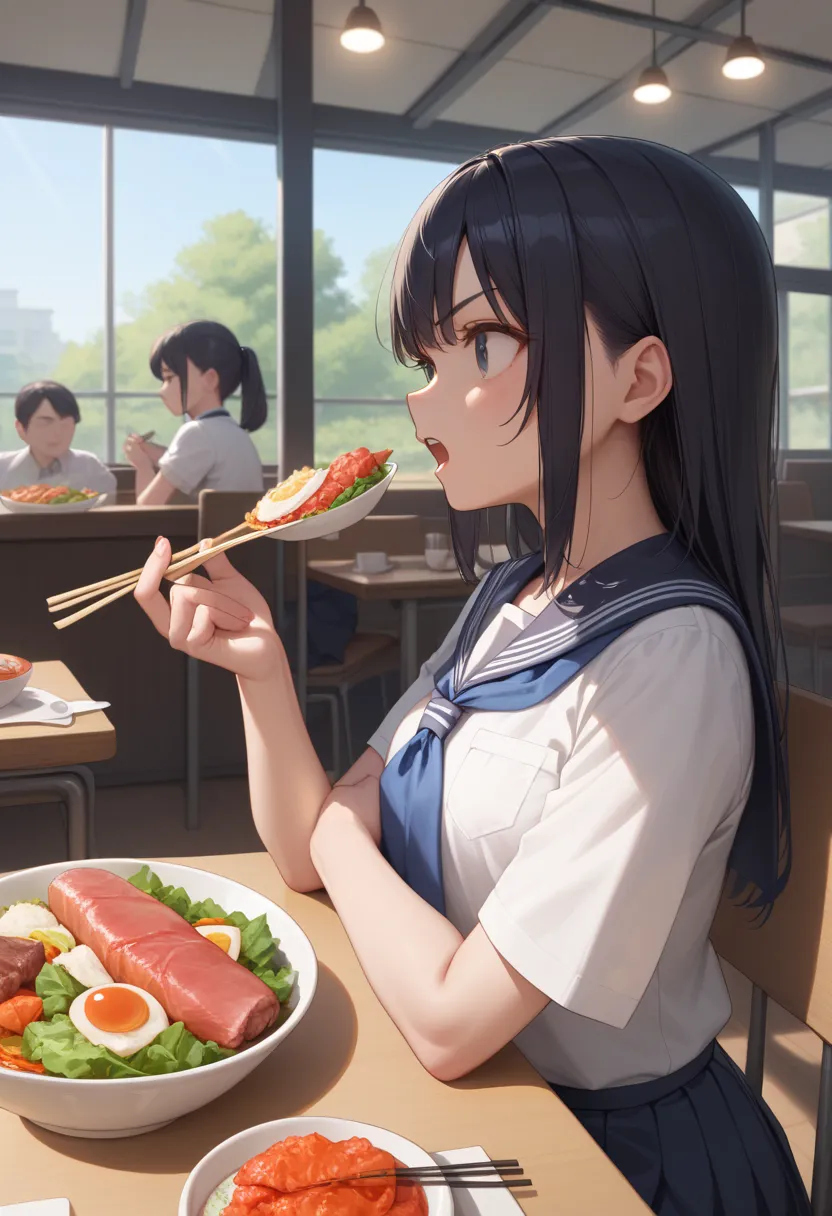 1 girl,  medium chest , school uniform,
i&#39;m sure,food, alone, bowl, holding chopsticks, rice, table, meat, dish, indoor,  si...