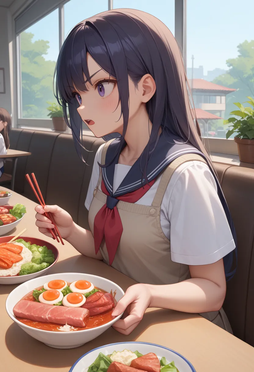 1 girl,  medium chest , school uniform,
i&#39;m sure,food, alone, bowl, holding chopsticks, rice, table, meat, dish, indoor,  si...