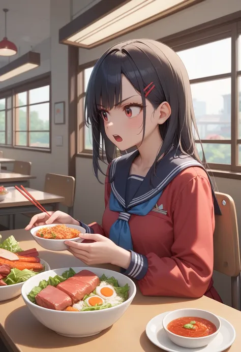 1 girl,  medium chest , school uniform,
i&#39;m sure,food, alone, bowl, holding chopsticks, rice, table, meat, dish, indoor,  si...