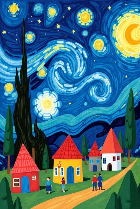 Make an original drawing thats inspired by The Starry Night make the sky Brighter and look like a 6th grader drew it, also make the sky have slightly less inspiration from the starry night, make it with a village thats dark, make the tree have more less in...