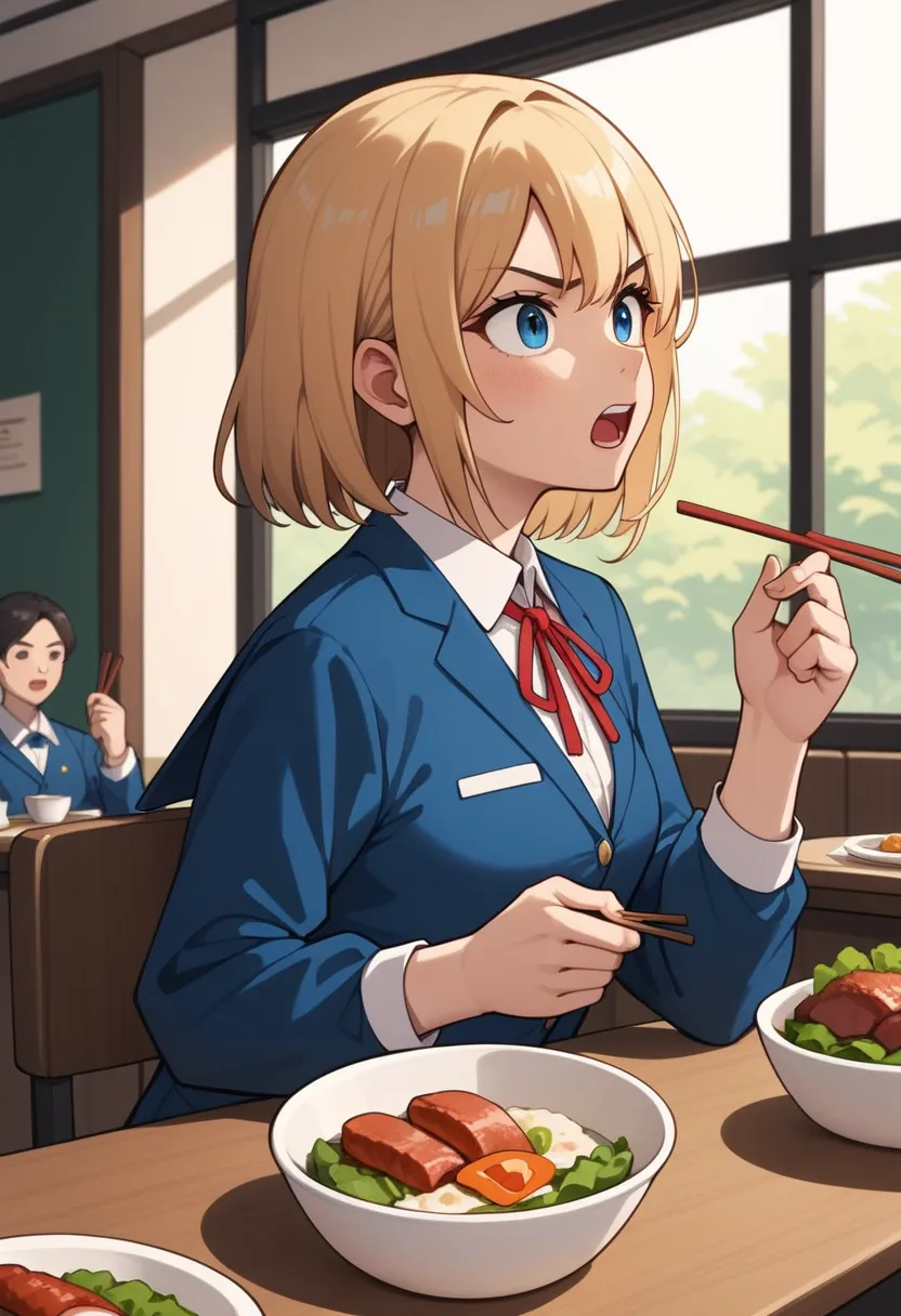 1 girl,  medium chest , school uniform,
i&#39;m sure,food, alone, bowl, holding chopsticks, rice, table, meat, dish, indoor,  si...