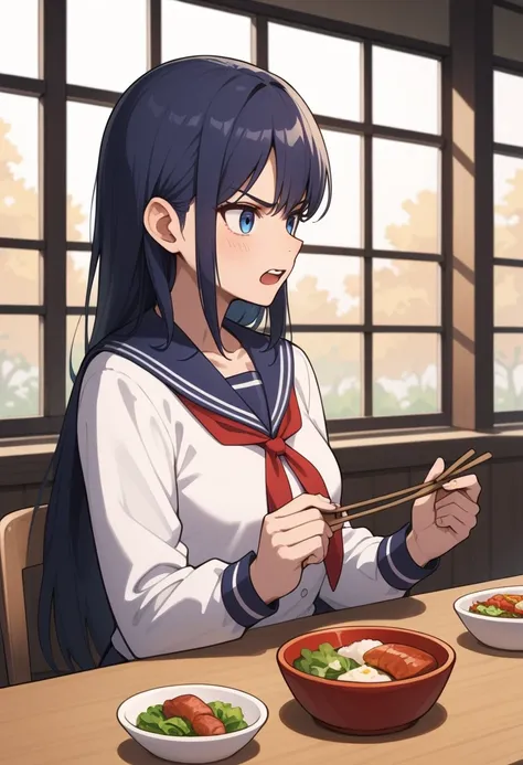 1 girl,  medium chest , school uniform,
i&#39;m sure,food, alone, bowl, holding chopsticks, rice, table, meat, dish, indoor,  si...