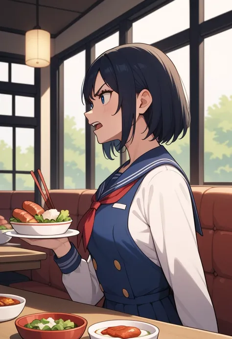 1 girl,  medium chest , school uniform,
i&#39;m sure,food, alone, bowl, holding chopsticks, rice, table, meat, dish, indoor,  si...