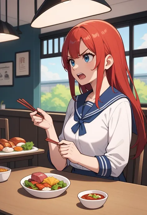 1 girl,  medium chest , school uniform,
i&#39;m sure,food, alone, bowl, holding chopsticks, rice, table, meat, dish, indoor,  si...