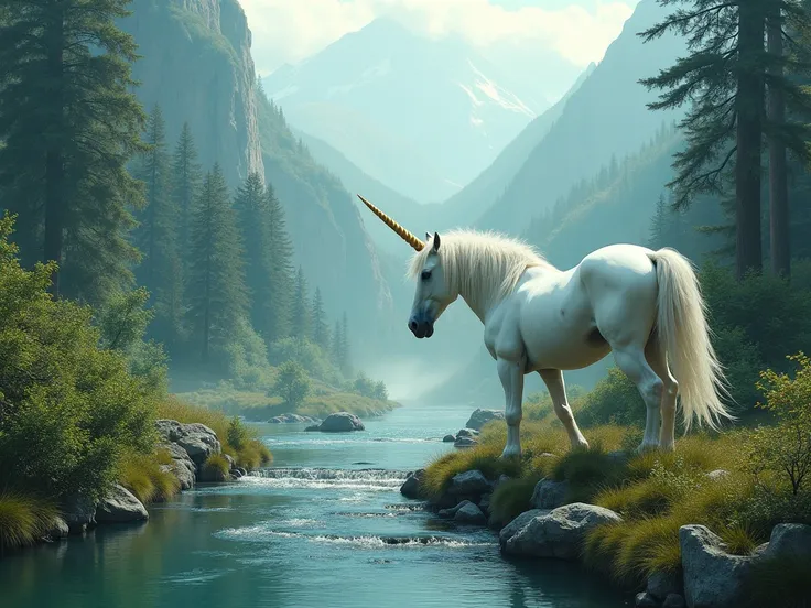  1 surreal photo of forest mountain landscape, 1 unicorn standing by a stream 