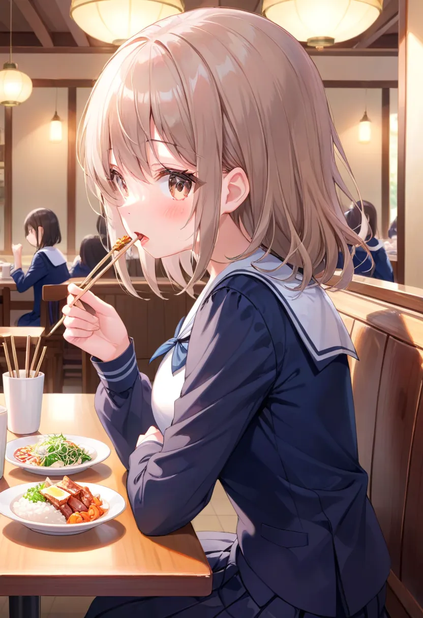 1 girl,  medium chest , school uniform,
i&#39;m sure,food, alone, bowl, holding chopsticks, rice, table, meat, dish, indoor,  si...