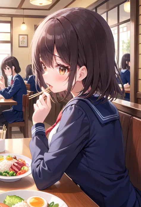 1 girl,  medium chest , school uniform,
i&#39;m sure,food, alone, bowl, holding chopsticks, rice, table, meat, dish, indoor,  si...