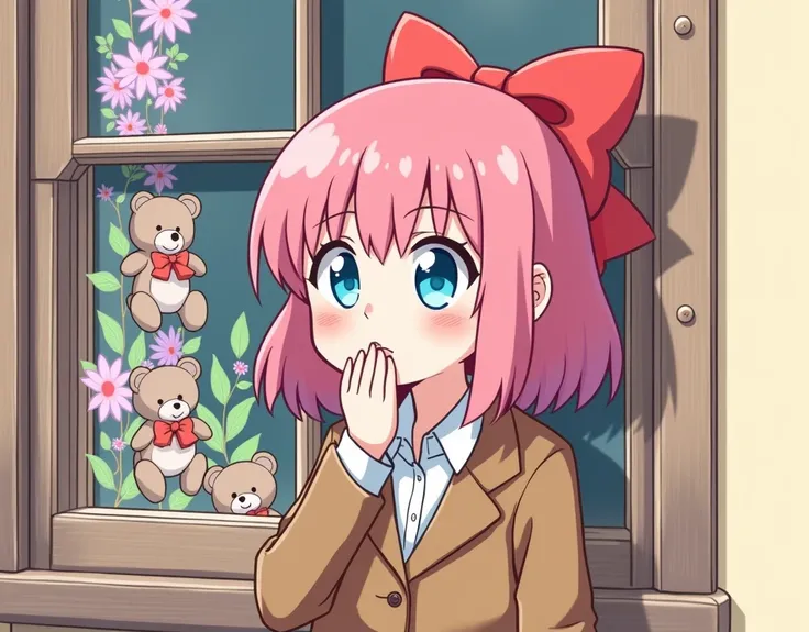 The image is an illustration of a young girl with pink hair and blue eyes. She is wearing a brown blazer with a red bow on her head and a white shirt underneath. She has a surprised expression on her face and is holding her hand up to her mouth, as if she ...