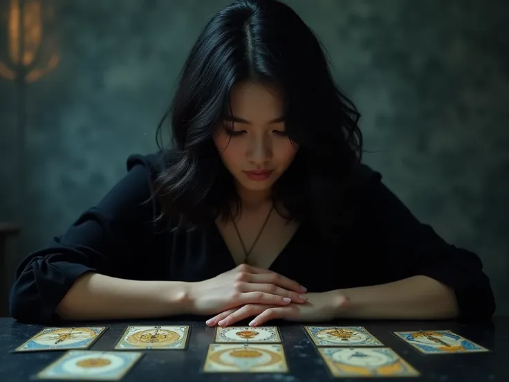  woman developing a business strategy、 25 year old woman、Black Hair、 hairstyle belly short 、 looking at tarot cards 、Inspiration、Light falls on her head 、Mysterious、High image quality