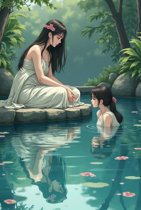 narcisse et fontaine avec reflet dun jeune femme dans leau en dessin manga