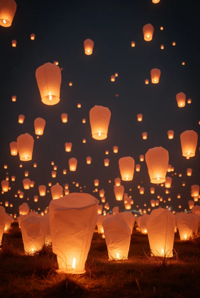 (Best Quality, very detailed depiction, incredible high resolution,Photographic images,),Floating Lanterns,There are lots of UFO-shaped lanterns flying in the night sky, Fantastic Sights ,