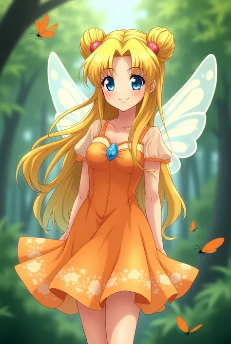 Serena Tsukino adult anime woman smiling blue eyes long blonde hair with two pigtails and two small bunguitos dressed as a fairy with wings orange monarch butterfly orange dress with flowers transparent short sleeves shoes orange,  in the woods, Full body ...