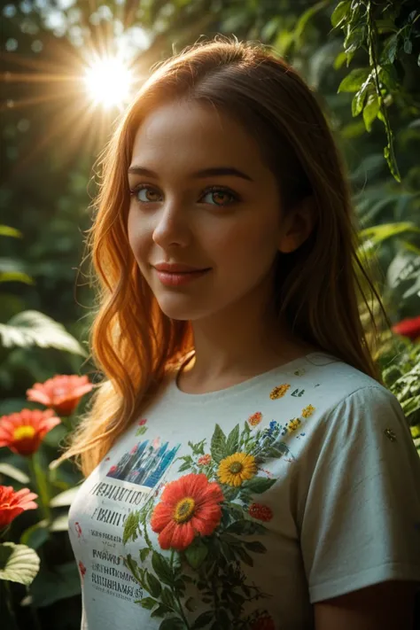 My Model Ruja(,beautiful detailed eyes,beautiful detailed lips,extremely detailed eyes and face,longeyelashes) wearing a shirt with the word "Tezos" prominently displayed(,white), standing in a vibrant garden surrounded by colorful flowers and lush greener...