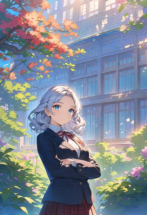 Masterpiece, hdr, bloom, 4k, Anime-style illustration featuring a beautiful female student with white hair styled in a voluminous_bitch curls, Blue eyes. Small in stature, She is wearing a formal school uniform consisting of a black blazer, white shirt, re...