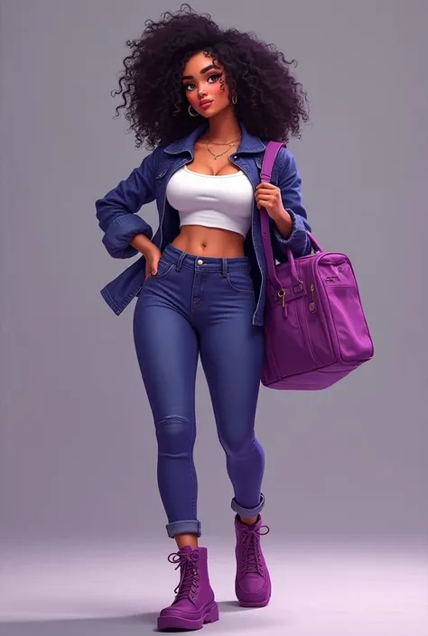 Une jeune femme maghrébine cheveux frisés, grosses fesses portant un pantalon en jean, un croc-top blanc, une veste violette, des chaussures de sport violettes, porte un sac de voyage violet sur son dos.