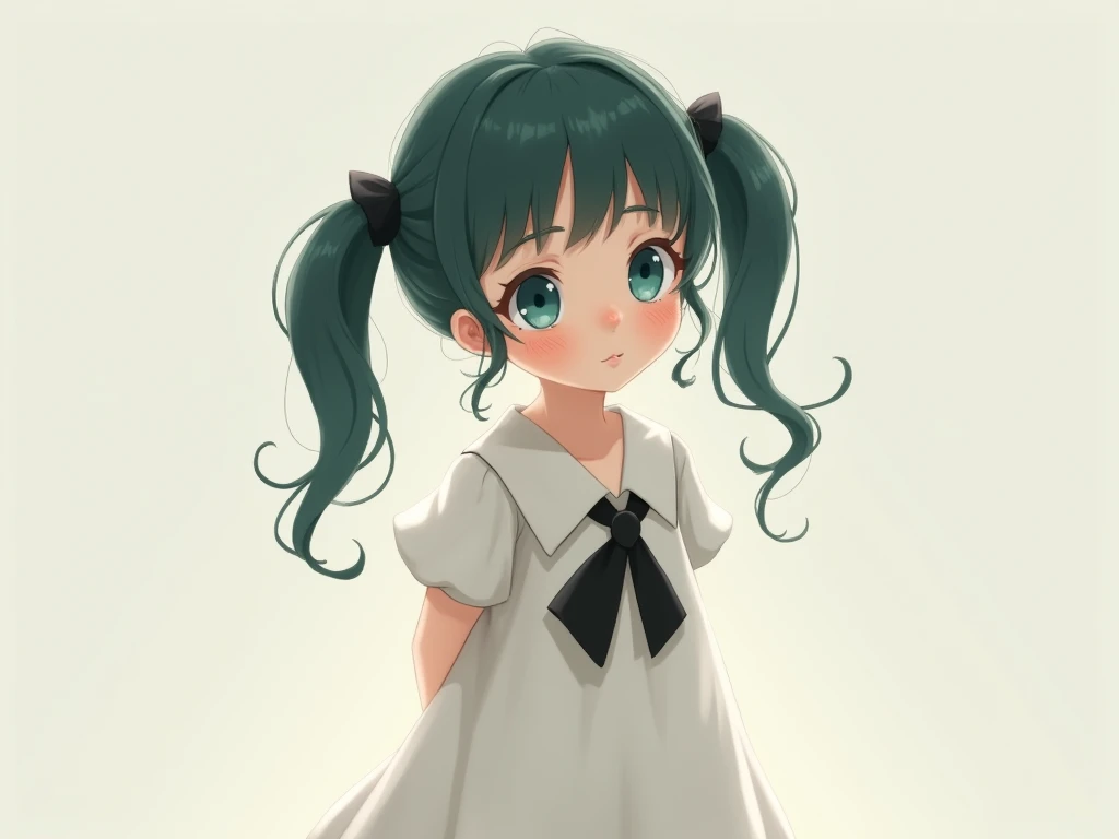 The innocence, dark green hair, twintails, arms behind back, white dress, black waist tie, a girl,blue eyes,