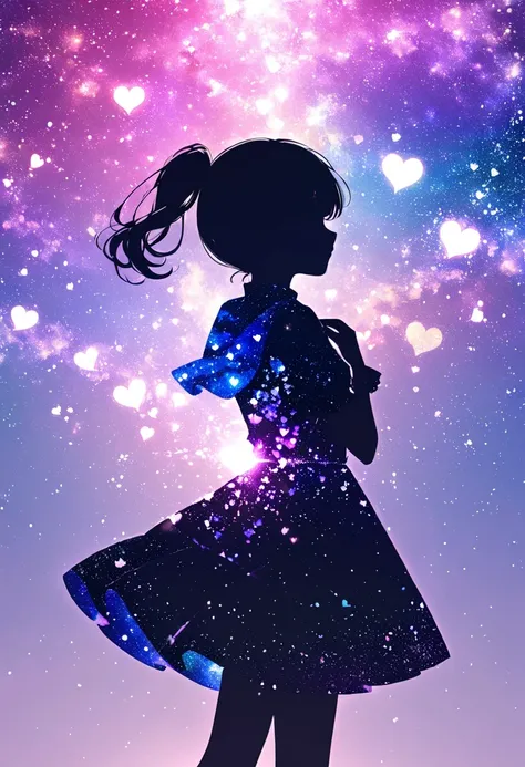 ((   glitter))、Shine絵 、  one woman,Black silhouette, galaxy silhouettes ,シルエット内部がShine, Imaginary,grow up,  lots of hearts ,Shineハート,White ,Shine ,pink,Unity,  光がShine  ,    visible from afar 