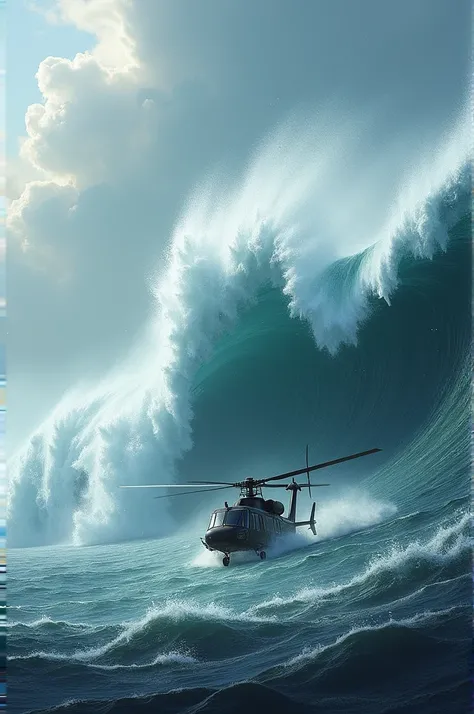  A realistic sea with high waves, There is a helicopter voting in there 
