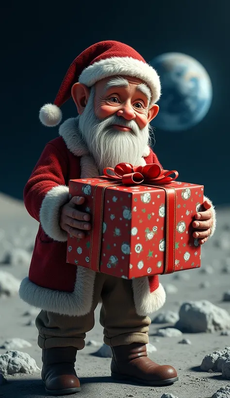 . This years photo is a full-body photo of ( 1 old man wearing a hat (Red and white ) hold( A large red box gift box with a Christmas pattern wrapped and tied with a beautiful colored bow.)) , background on the lunar surface, seeing some of the big blue wo...