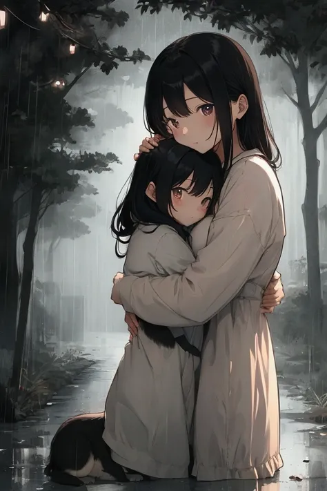  hugging her dog、 in the middle 、Dark atmosphere、rain、Illustration