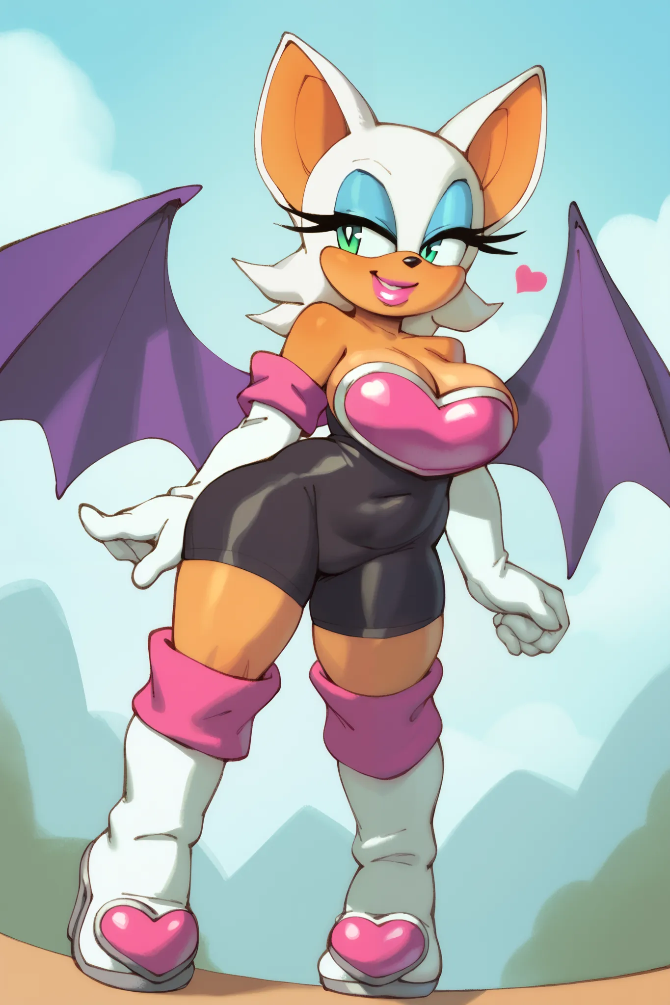 score_9, score_8_up, score_7_up, score_6_up, rouge, animal ears, bat ears, bat girl, bat tail, bat wings, eyeliner, furry, furry female, green eyes, makeup, tail, white hair, wings, eyeshadow,
bare shoulders, boots, elbow gloves, gloves, heart, knee boots, white footwear, white gloves,