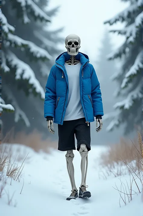 Skeleton dressed in blue jacket with white t-shirt and black shorts in a snowy forest