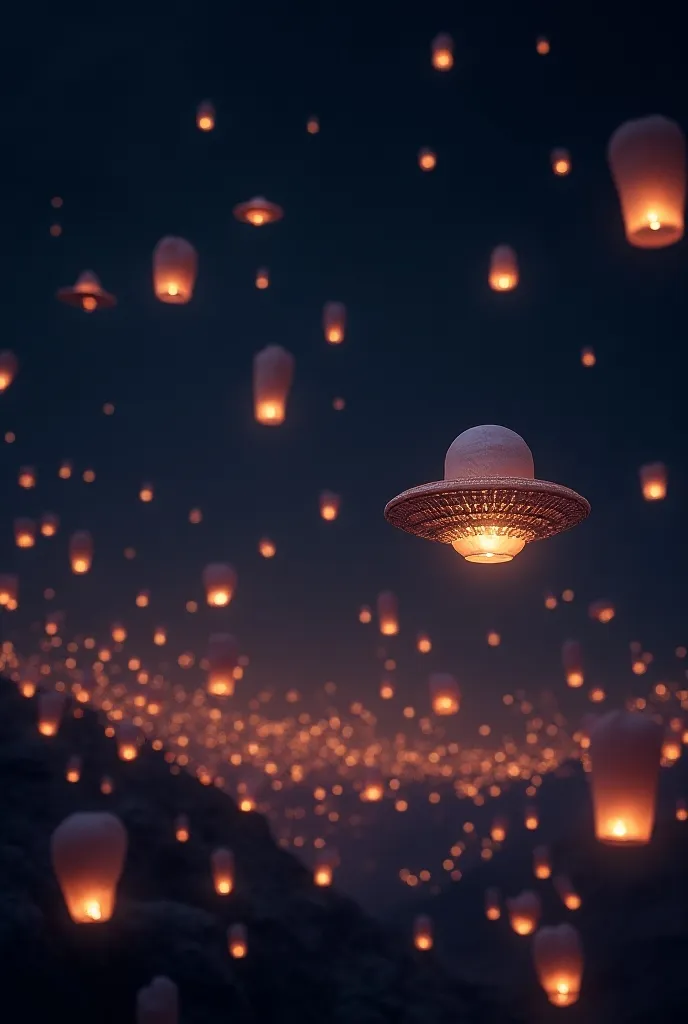 (Best Quality, very detailed depiction, incredible high resolution,Photographic images,),Floating Lanterns,There are lots of UFO-shaped lanterns flying in the night sky, Fantastic Sights ,