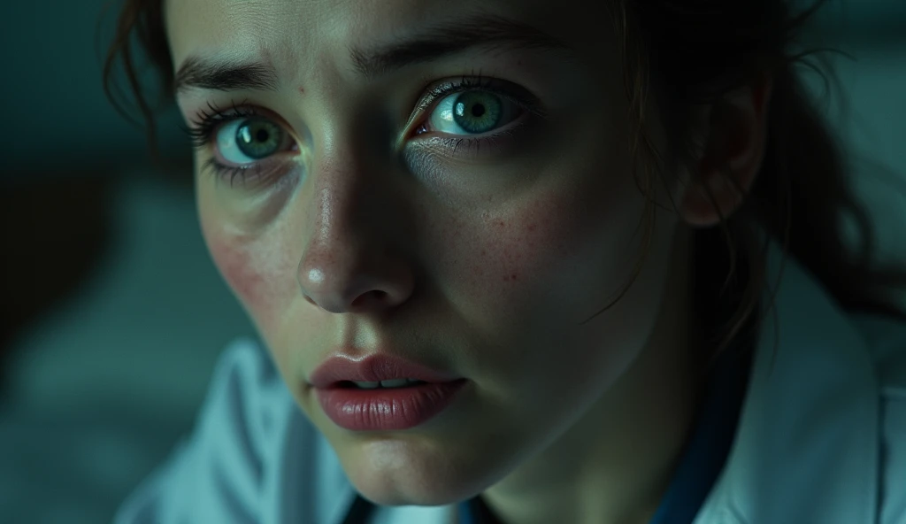 Prompt: Close-up of a researcher’s face, appearing fearful as if their thoughts are being read. UHD, realistic, cinematic lighting emphasizing tension and psychological fear.
