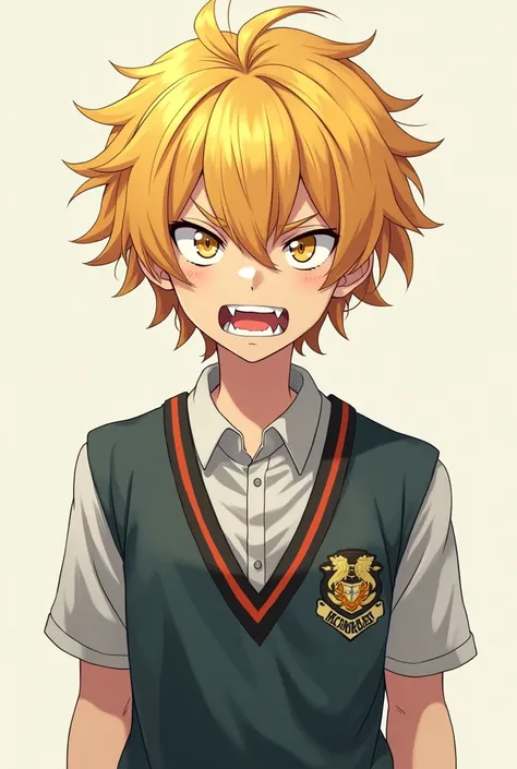 Blond-haired boy with teeth like fangs and wearing the school uniform from the anime Boku No Hero