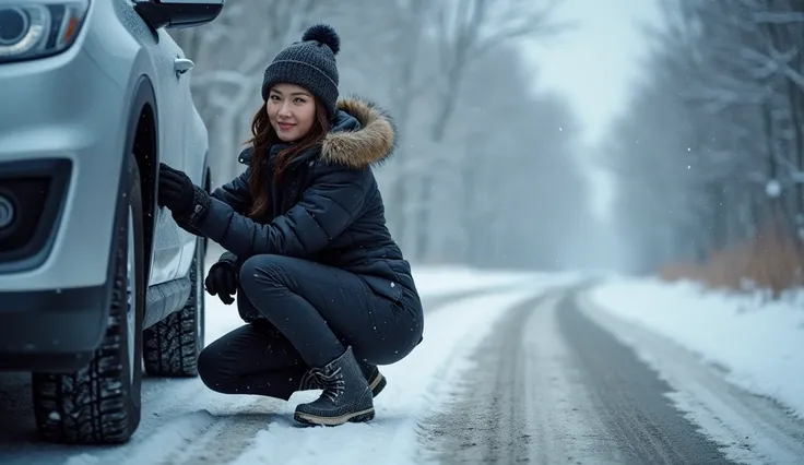 Beautiful Japanese woman at a car repair shop changing to winter tires on a snowy road,