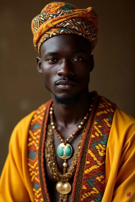 Create a young black Senegalese man with African outfit 