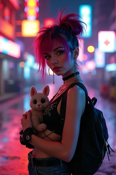 (highest quality、8k、32K、masterpiece、nffsw:1.3)、(Photoreal:1.4),((shoot from the front,looking at the viewer,full_body:1.5)),((18-year-old punk girl,quirky punk hair:1.3)),((pink and black punk fashion,clothes with studs、:1.5)),((Holding a stuffed rabbit:1....