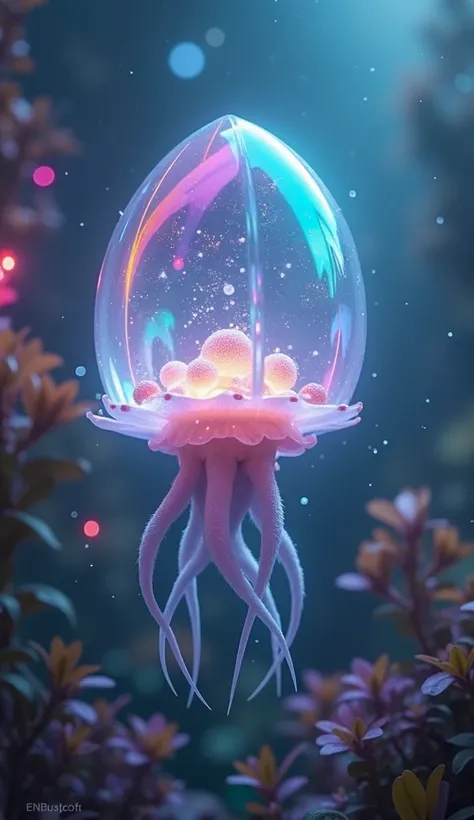 A translucent, prism-like alien creature named Nimbuspectra, floating in a high-gravity, dense atmosphere. Its body resembles a crystal bell with vibrant, spectral colors reflecting off its surface. Below the bell, short and thick tentacles stabilize it as...