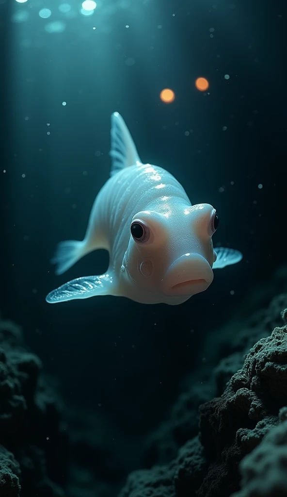 Create an ultra-realistic image of the Hadal Snailfish (Pseudoliparis swirei) in its natural habitat at 8,178 meters deep in the Mariana Trench.

Shape and Appearance: The Hadal Snailfish has an elongated, streamlined body with a smooth, slightly flattened...