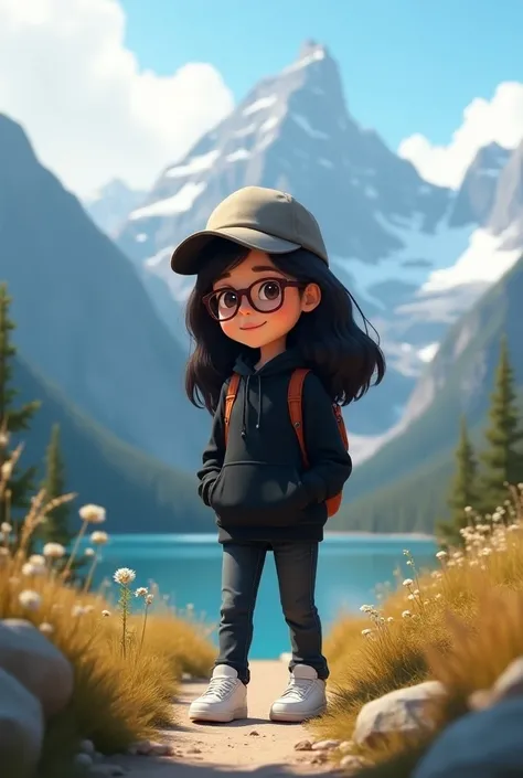 Pixar girl with long wavy black hair glasses exploring the mountains 
With black sweatshirt with sleeves black jean pants with a hat and white sneakers 