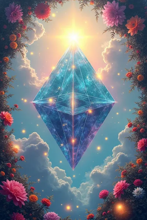  “A floating, crystal pyramid encased in vines and flowers that bloom in radiant colors, with reflections of alternate worlds seen through the crystal facets; orbs of light float around it, illuminating a path through the clouds under a softly glowing sun....