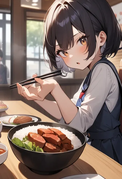 1 girl,  medium chest , school uniform,
i&#39;m sure,food, alone, bowl, holding chopsticks, rice, table, meat, dish, indoor,  si...