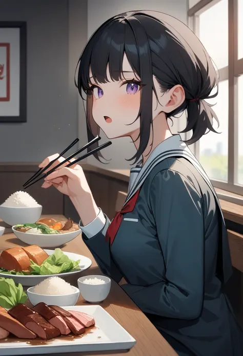 1 girl,  medium chest , school uniform,
i&#39;m sure,food, alone, bowl, holding chopsticks, rice, table, meat, dish, indoor,  si...